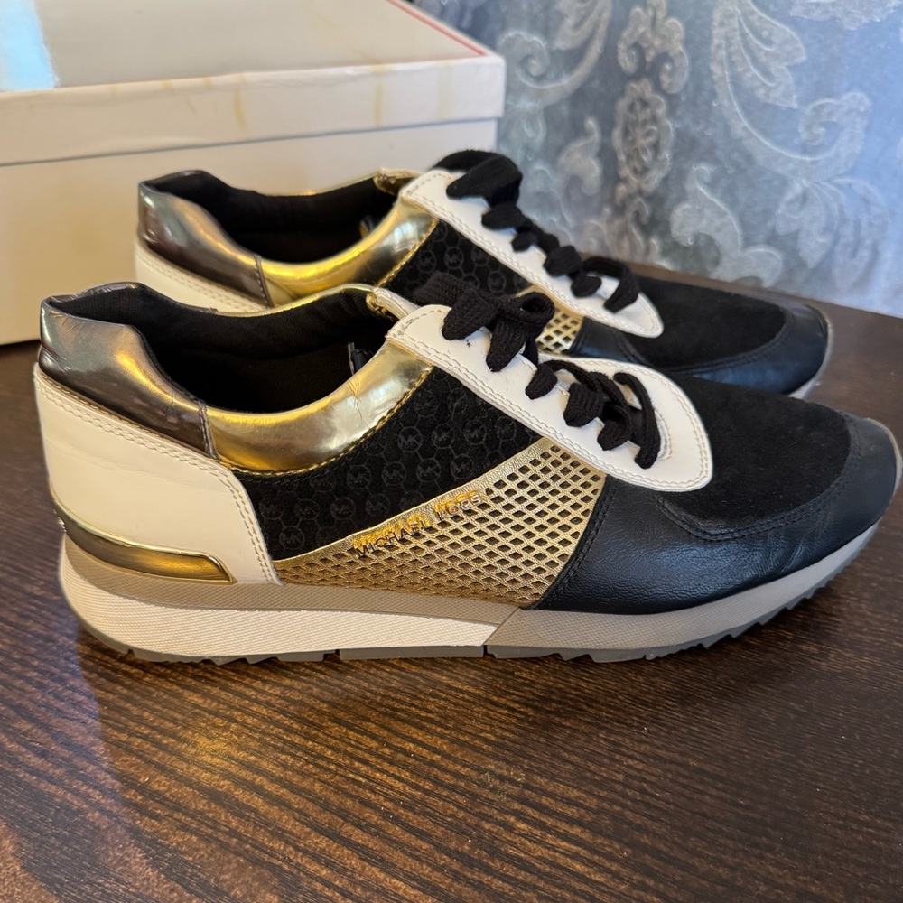 Michael Kors Black, Gold & White Mixed-Media Low-Top Sneakers